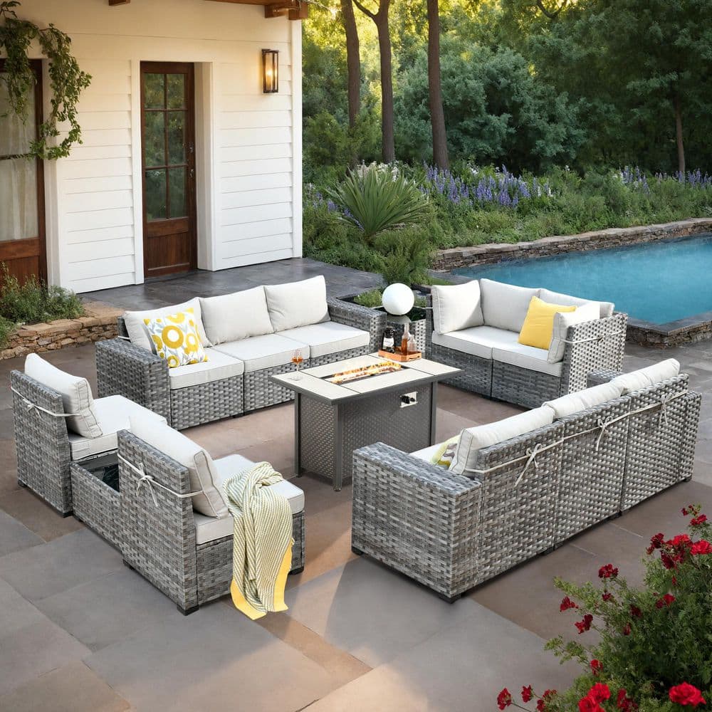 Beatrice 13-Piece Wicker Patio Rectangle Fire Pit Conversation Set with Beige Cushions price history on PriceWatchPro