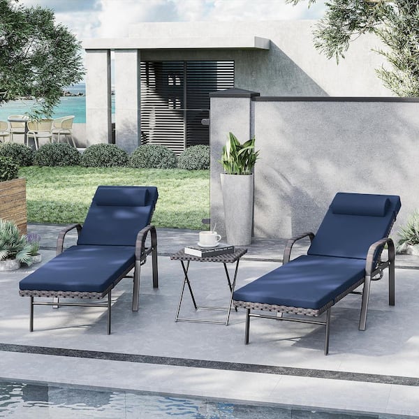 3-Piece Wicker Outdoor Folding Chaise Lounge with Table, Armrest and Cushion Navy Blue