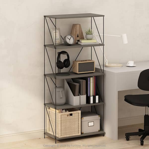 Furinno Wire 53.74 in. Tall Finn Oak Wood 5-Shelf Metal Frame Bookcase