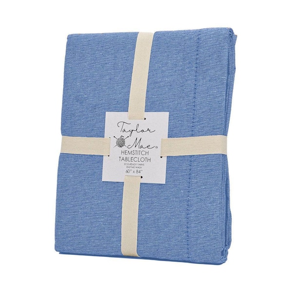 Brittany Hemstitch 60 in. W x 84 in L Blue Solid Cotton Rich Tablecloth