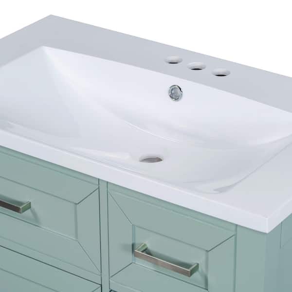 30 in. W Solid Wood Frame Bath Vanity in Green with White Ceramic Top, 3-Drawers, Storage Rack