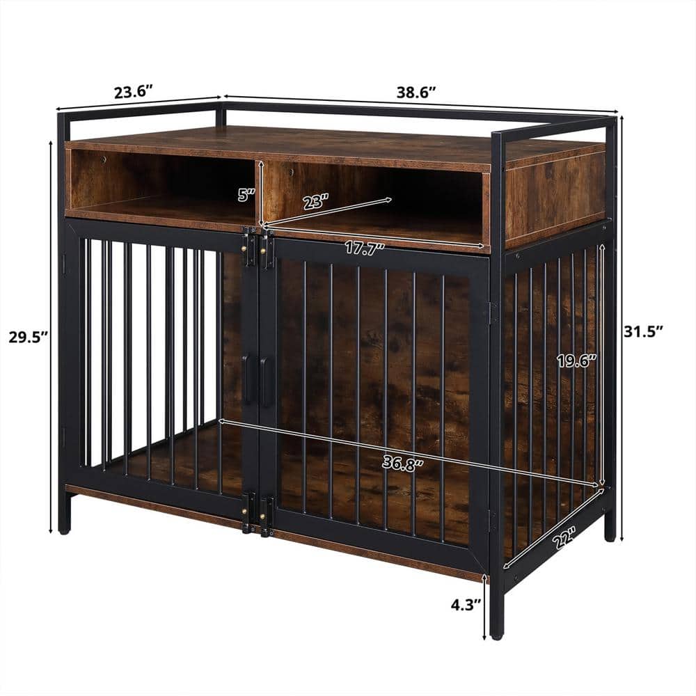 38.6" Rustic Brown Metal and MDF Dog Cage with Storage