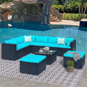 9-Piece Free Combination Patio PE Wicker Rattan Conversation Sectional Sofa Sets Furniture Set with Blue Soft Cushions