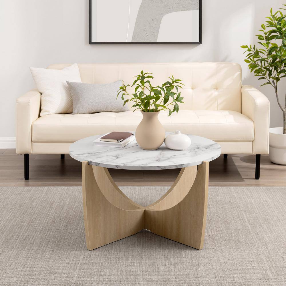 Calacatta Marble and Coastal Oak Round Coffee Table, 35 Inch