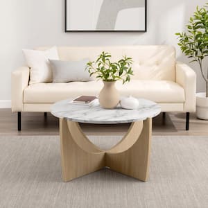 Modern 35 in. Calcutta Marble and Coastal Oak Round Wood Coffee Table with Intersecting Arch Legs