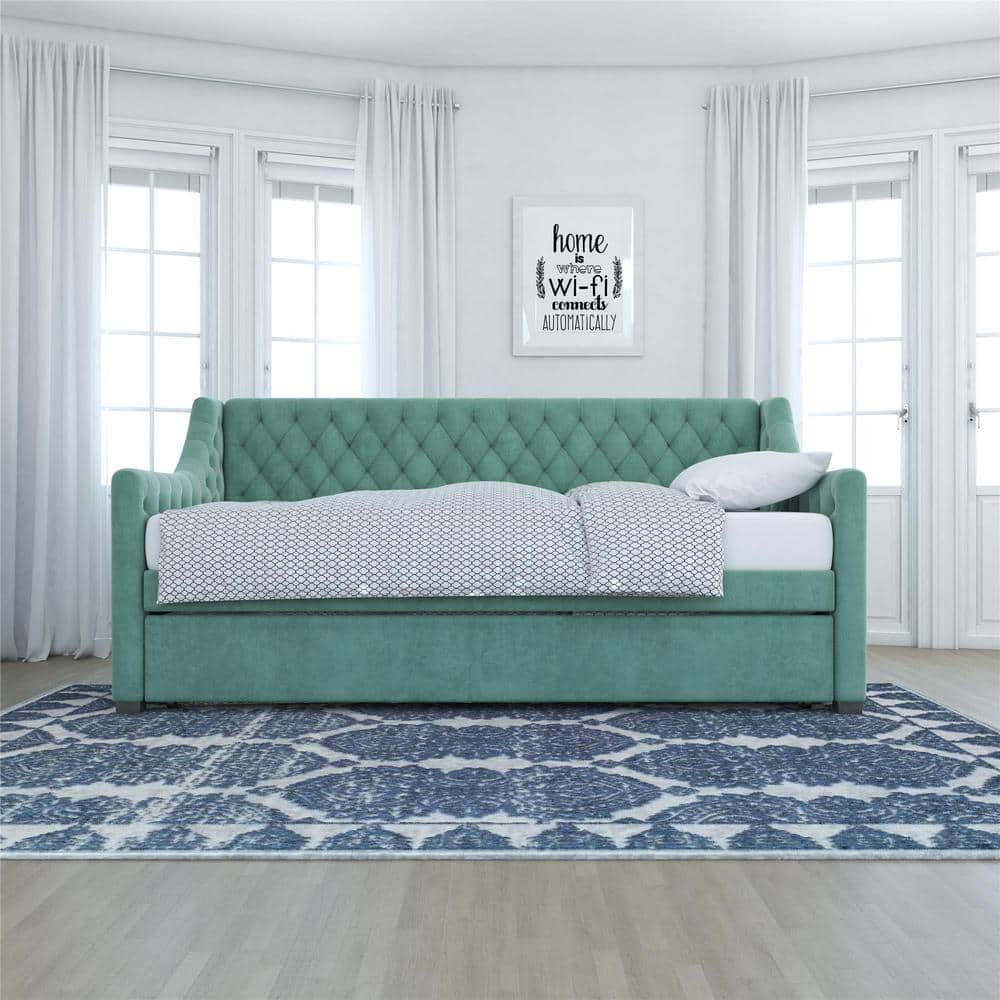 Teal Velvet Twin Daybed with Tufted Upholstery and Trundle