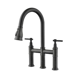 Double-Handle Bridge Kitchen Faucet with Pull-Down Sprayhead 3-Holes in Matte Black