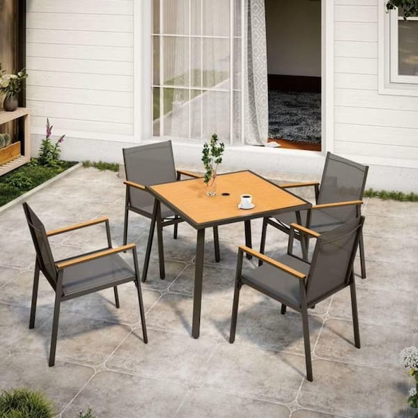 LAUSAINT HOME 5-Piece Sling Square Slatted Outdoor Dining Set with Black Sling