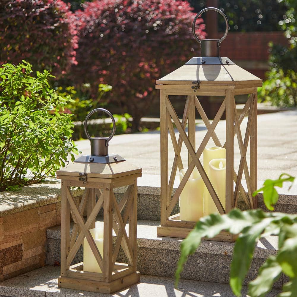 Rustic Firwood Dual-Candle Hanging Lantern, Distressed Brown