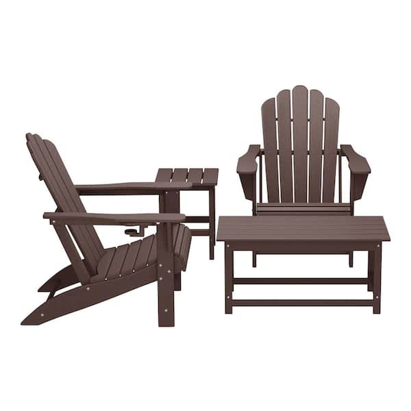 Aderson 4-Piece All Weather Outdoor Patio Dark Brown Plastic Adirondack Cup Holder Chairs and Table Converstation Set