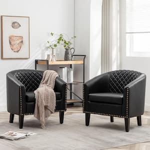 Black Tufted Faux Leather Small Club Bar Barrel Chair Set of 2 with Nailhead Trim