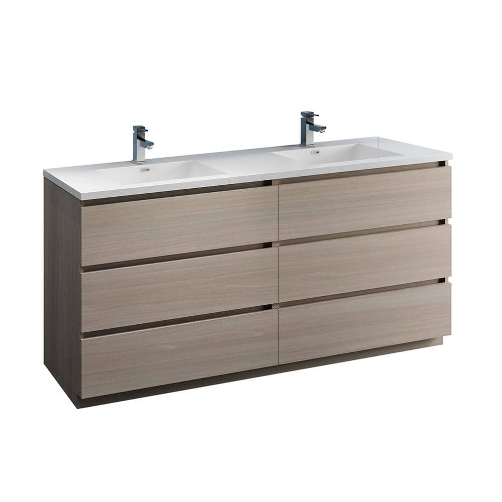 Gray Wood 72" Freestanding Double Sink Bathroom Vanity with Acrylic Top