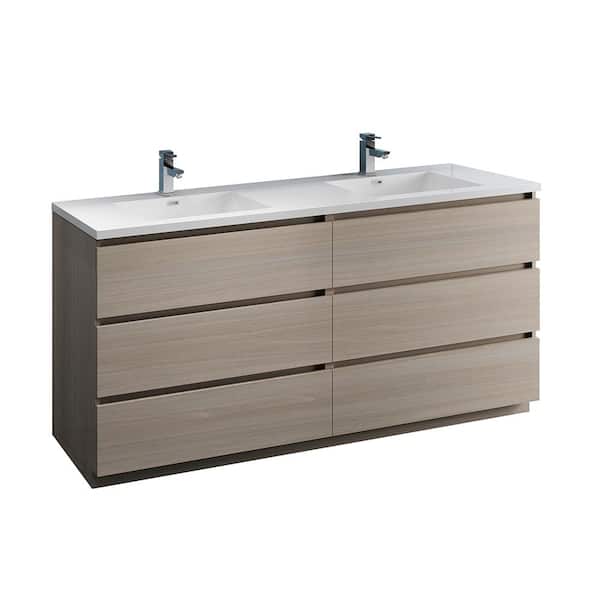 Fresca Lazzaro 71 in. Modern Double Bathroom Vanity in Gray Wood with Vanity Top in White with White Basins