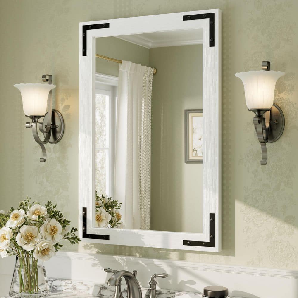 24 in. W x 36 in. H Rectangular Rustic Farmhouse Solid Wood Framed & Tempered Glass Wall Bathroom Vanity Mirror in White price history on PriceWatchPro