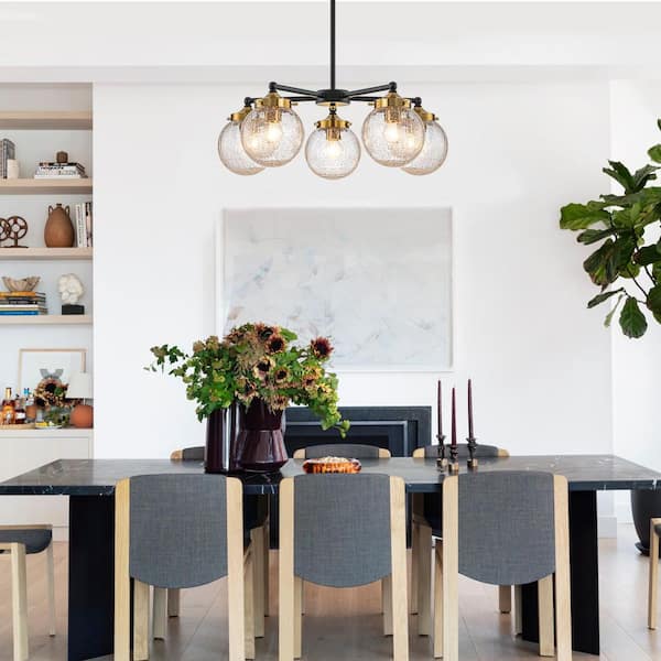 22.44 in. 5-Light Modern Black Branch Chandelier with Clear Cracked Glass Shades for Kitchen Island, Living Room