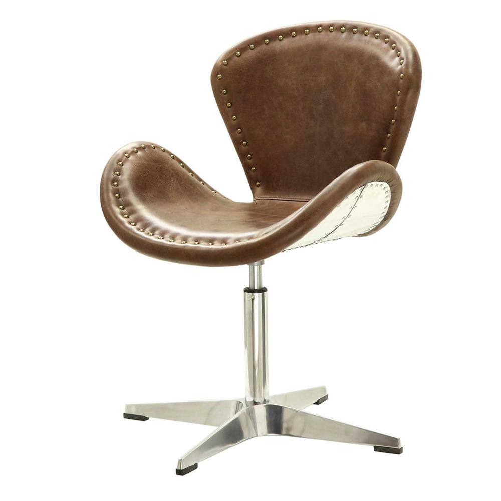 Brancaster Retro Brown Leather Swivel Accent Chair with Metal Base