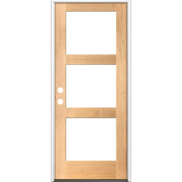 Krosswood Doors 32 in. x 96 in. Modern Hemlock Right-Hand/Inswing 3-Lite Clear Glass Clear Stain Wood Prehung Front Door