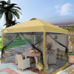 10 ft. x 10 ft. Beige Outdoor Easy Pop up Canopy Party Tent with Mesh Side Walls