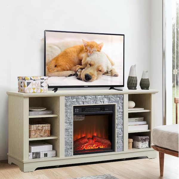 58 in. W Freestanding Wooden Modern Electric Fireplace TV Stand with Faux Stacked Stone Surround in White