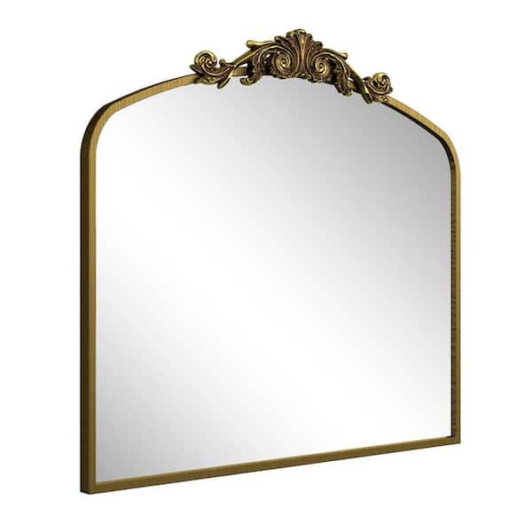 GODCHAR 36 in. W x 30 in. H Arch Aluminum Alloy Framed French Cleat Mounted Baroque Wall Decor Mirror in Gold