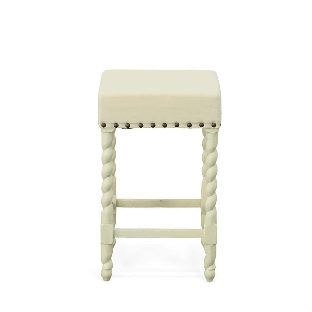 Vintage White Linen and Wood 32'' Backless Counter Stool