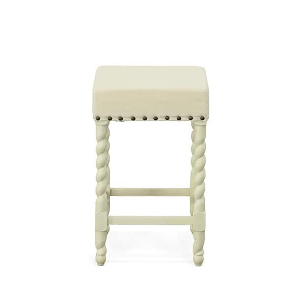 Carolina Cottage Remick 24 in. Vintage White and Linen Barley Twist Upholstered Counter Stool