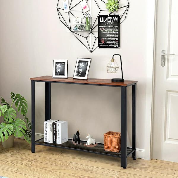 Boyel Living 40 in. Brown Adjustable Metal Frame Wood Side End Table with Shelf
