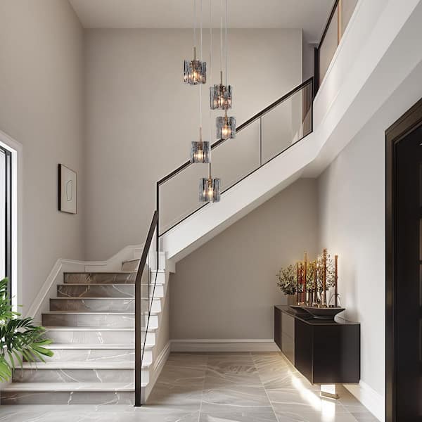 Echonalyri Modern 5-Light Black and Plating Brass Chandelier with Glam Gray Textured Glass for Foyer Entryway Lighting