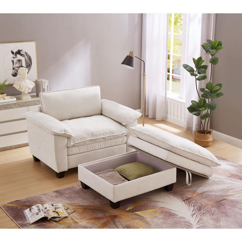 Oversize Beige 51 in Chenille Upholstered Single Arm Chair, Chaise Lounge Chair with Storage Ottoman, 2-Layer Cushions price history on PriceWatchPro