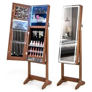 Walnut Wood LED Mirror Jewelry Cabinet Organizer 16 in. Jewelry Armoire Standing with Built-in 3 Color Light