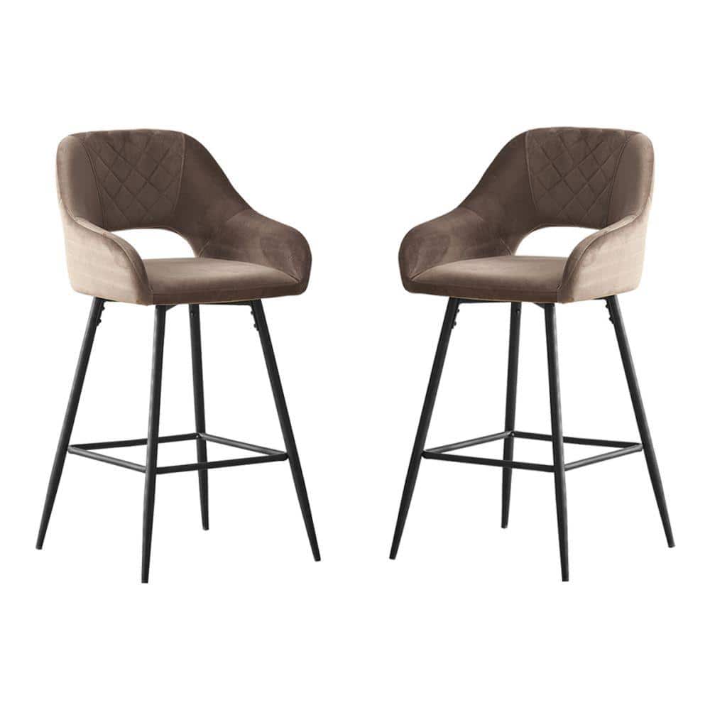 38.2 in. Metal High Back Outdoor Bar Stool with Gray Velvet Cushion (Set of