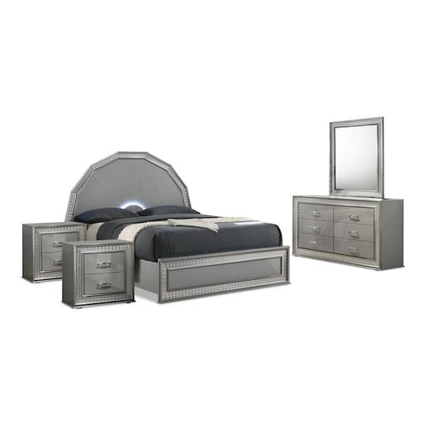 Curton 5-Piece Metallic Gray Wood Frame King Platform Bedroom Set with Rectangle Mirror, Backlit LED on 7-Ray Headboard