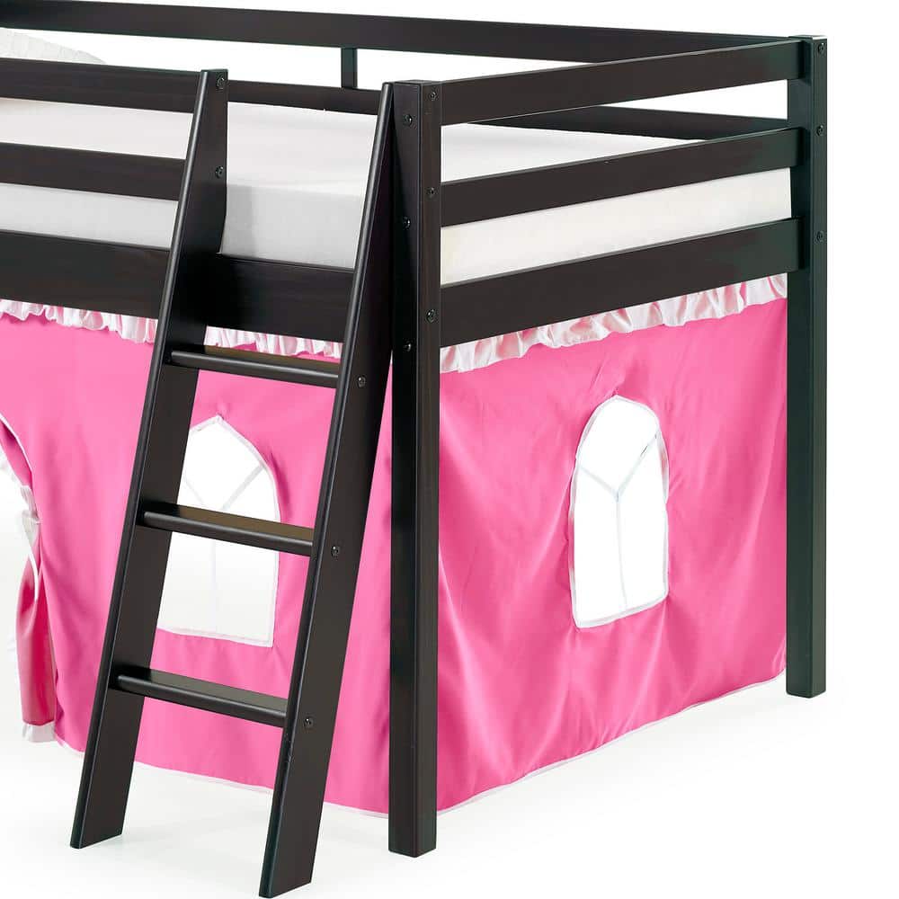 Espresso Pine Twin Loft Bed with Pink Playhouse Tent