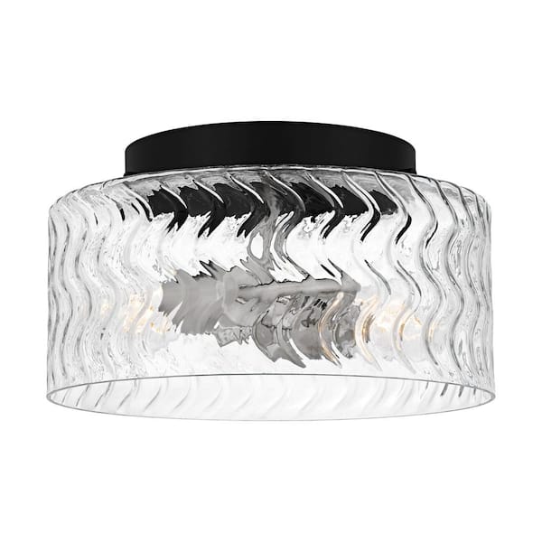 Elara 12 in. 2-Light Matte Black and Brushed Nickel Modern Flush Mount with Clear Textured Glass Shade