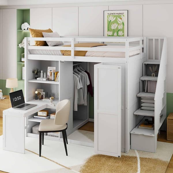 Polibi White Full Size Wood Loft Bed with Wardrobe, Desk and Shelves