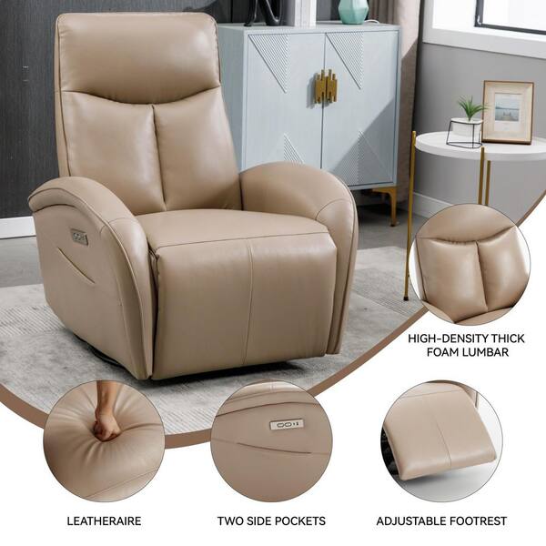 36.23 in. Brown Faux Leather Swivel Recliner with Power Lumbar Support, 270° Swivel with USB and Type-C Ports