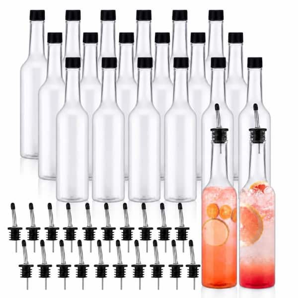20-Set 15 oz Clear Plastic Long Neck Bottles with Stainless Steel Tapered Pourer Spout Caps for Bar Use