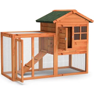 2-Story Wooden Rabbit Hutch Bunny Cage Small Animal House Shelter House in Natural with Ramp and Removable Tray