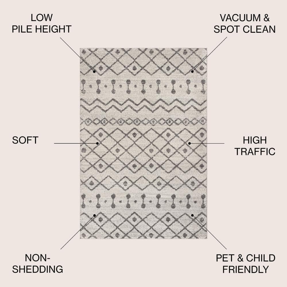 Aksil Moroccan Gray and Cream Geometric Area Rug, 5 ft x 8 ft