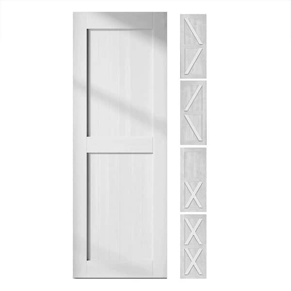 HOMACER 38 in. x 80 in. 5-in-1 Design White Solid Natural Pine Wood Panel Interior Sliding Barn Door Slab with Frame
