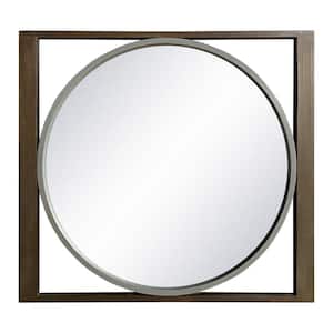 29 in. W x 31 in. H Wood Frame Round Wall Mount Mirror for Living Room in Brown