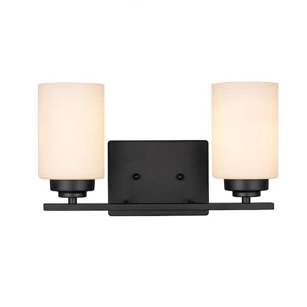Bel Air Lighting Mod Pod 14.25 in. 2-Light Black Bathroom Vanity Light Fixture with Frosted Glass Cylinder Shades