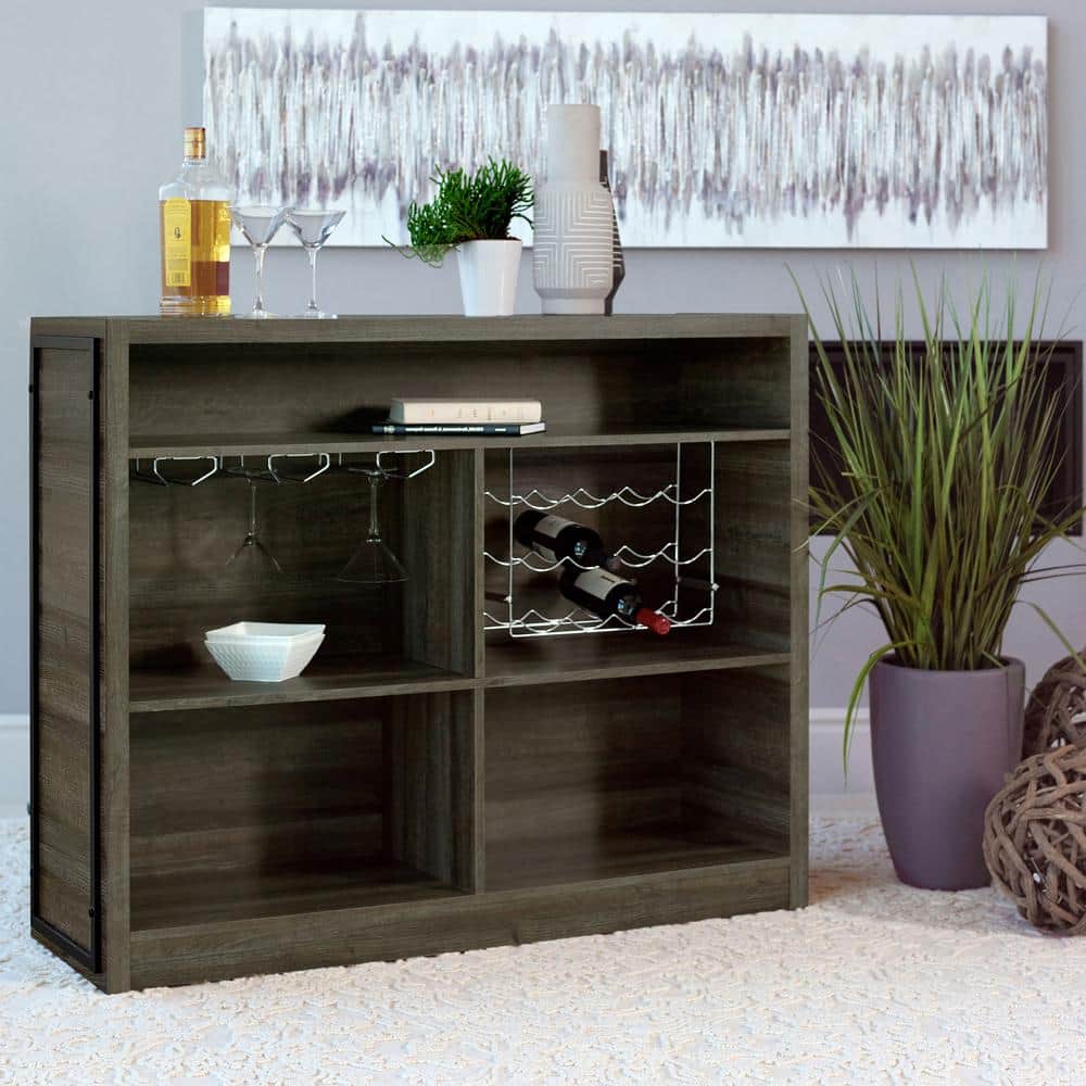 Rustic Aged Oak 5-Shelf Home Bar Unit with Metal Footrest