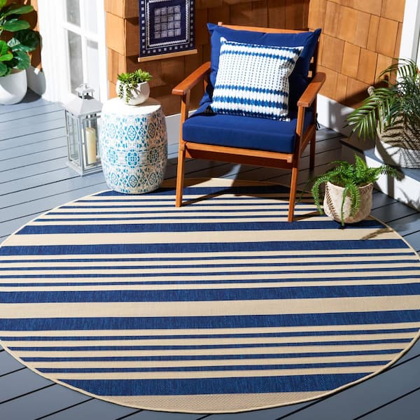 Courtyard Navy/Beige 10 ft. x 10 ft. Striped Indoor/Outdoor Round Area Rug