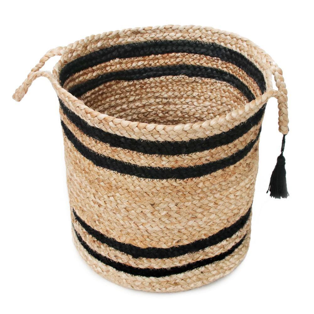 17" Natural Jute Round Storage Basket with Black Stripes