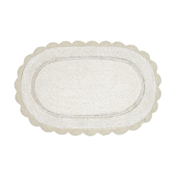Eloise Crochet Border 21in. x 34in. Beige Solid Cotton Oval Bath Mat