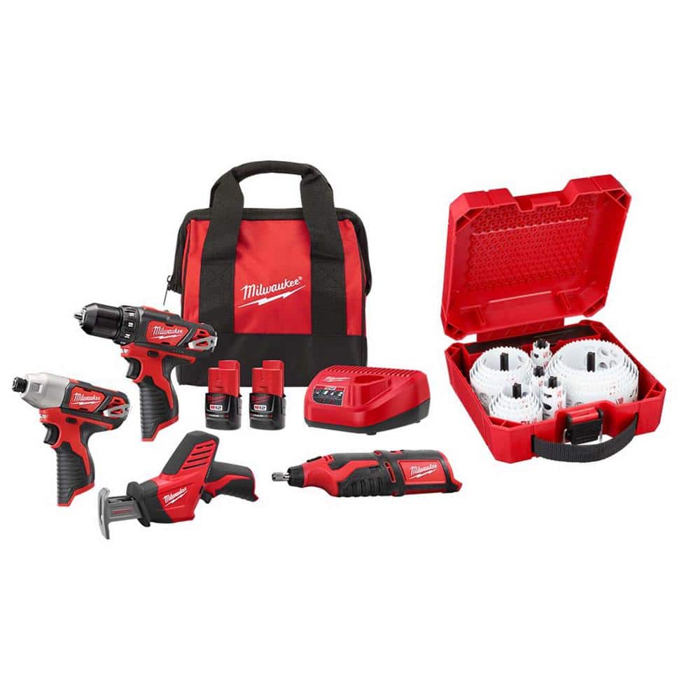 M12 12V Lithium-Ion Cordless 4-Tool Combo Kit with (2) Compact 1.5Ah Batteries and Charger with Hole Saw Set (28-Pc)