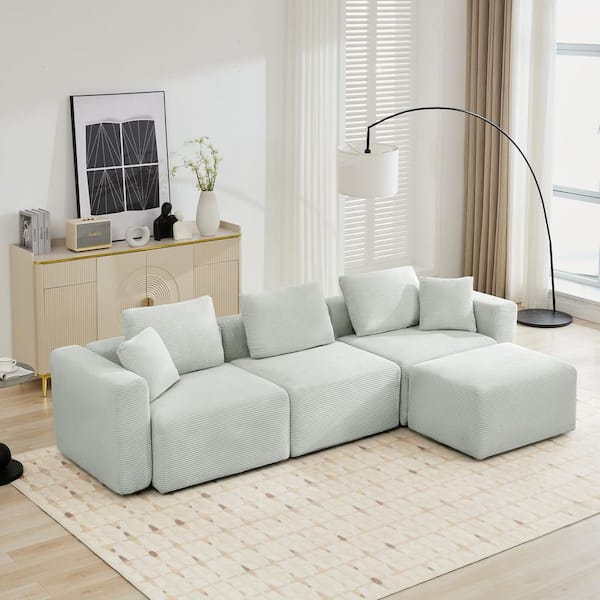 JEAREY 112.2 in. Width Corduroy Fabric Modular Sectional Sofa Couch with Ottoman for Living Room in Gray