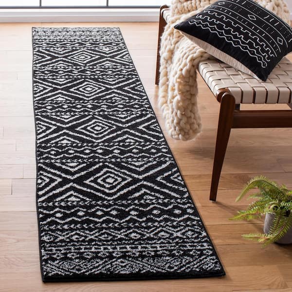 Tulum 2 ft. x 15 ft. Black/Ivory Striped Geometric Diamonds Runner Rug