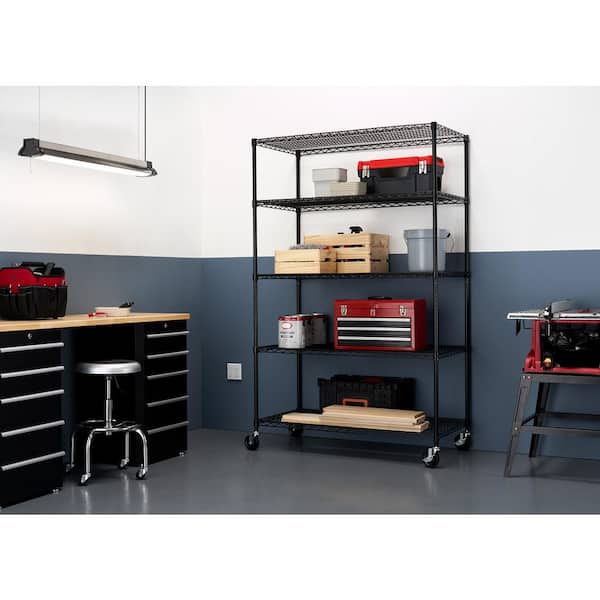 Trinity Black 5 Tier Rolling Steel, Black Shelving Unit With Drawers